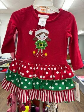 Bonnie Baby Red & Green Polka Dot Ruffle Elf Dress